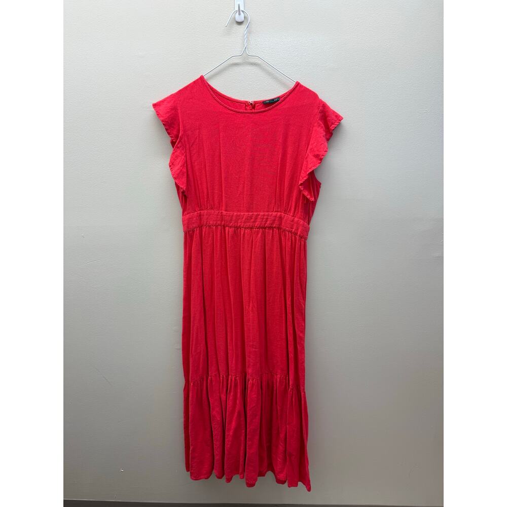 For Cynthia Red Linen Blend Flutter Sleeve Dress | Size Large | Midi Dress